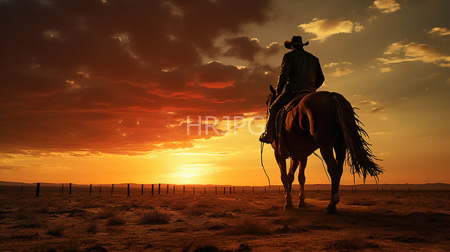 High Resolution: Silhouetted cowboy in traditional attire riding a horse at sunset on an arid desert landscape download. | HRJPG.com