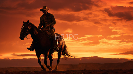 High Resolution: American cowboy in silhouette riding a brown horse against a dramatic sunset sky download. | HRJPG.com
