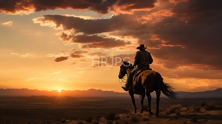 High Resolution: Lone cowboy in silhouette riding brown horse at sunset over desert landscape download. | HRJPG.com