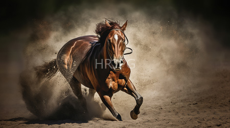 High Resolution: Energetic brown horse with white markings galloping through dusty terrain kicking up clouds of sand download. | HRJPG.com