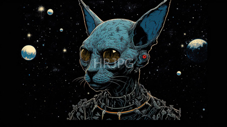 High Resolution: Anthropomorphic blue-scaled cat with large ears and golden eyes against a starry space background download. | HRJPG.com