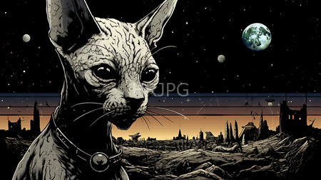 High Resolution: Anthropomorphic textured cat with large ears wearing a collar against a starry night sky backdrop download. | HRJPG.com