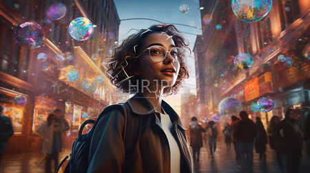 High Resolution: Asian woman with curly brown hair carrying backpack in bustling neon-lit city street at dusk download. | HRJPG.com