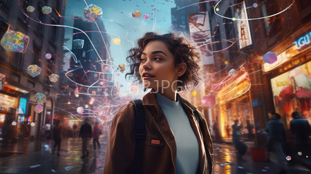 High Resolution: Attractive curly-haired young woman standing in a bustling city street at night download. | HRJPG.com
