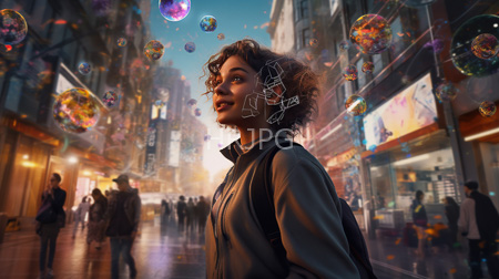 High Resolution: African-American woman with curly hair carrying a black backpack in a bustling city street at dusk download. | HRJPG.com