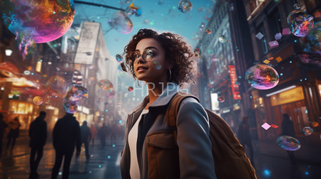 High Resolution: African-American woman with curly hair standing in a bustling neon-lit city street at dusk download. | HRJPG.com