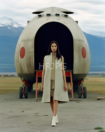 High Resolution: Asian woman with long dark hair walking towards vintage concrete aircraft on tarmac download. | HRJPG.com
