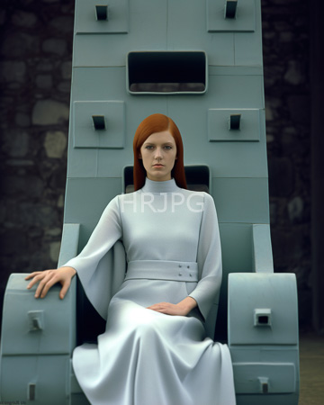 High Resolution: Ethereal pale-skinned woman with long red hair sitting on a large gray mechanical throne download. | HRJPG.com