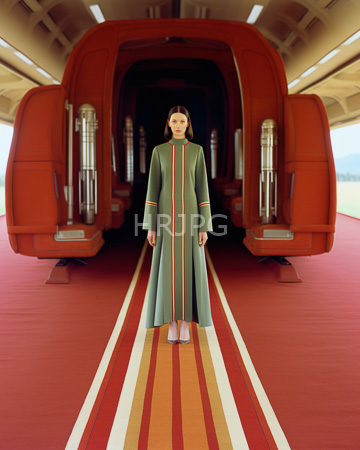 High Resolution: Asian woman with fair skin standing before futuristic red-orange spacecraft-like structure download. | HRJPG.com