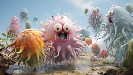 High Resolution: Alien landscape with various whimsical colorful sea creatures resembling jellyfish and monsters floating in water download. | HRJPG.com
