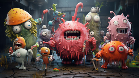 High Resolution: Array of colorful grotesque alien creatures with various textures and shapes in a darkened stone courtyard download. | HRJPG.com