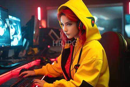 High Resolution: Asian woman with red-dyed hair wearing black and yellow Pikachu-themed hoodie and large pink headphones download. | HRJPG.com