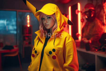 High Resolution: Asian woman with pink hair wearing a yellow Pikachu hooded jacket featuring black and red circular patterns download. | HRJPG.com