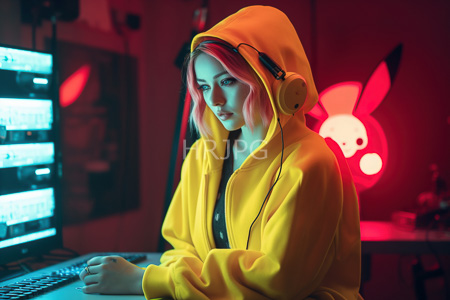 High Resolution: Young woman with pink and blonde hair wearing yellow hooded sweatshirt sitting at keyboard in dim room download. | HRJPG.com