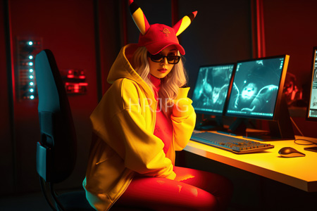 High Resolution: Anime-style cosplayer with long white hair wearing black sunglasses and Pikachu-themed red cap download. | HRJPG.com