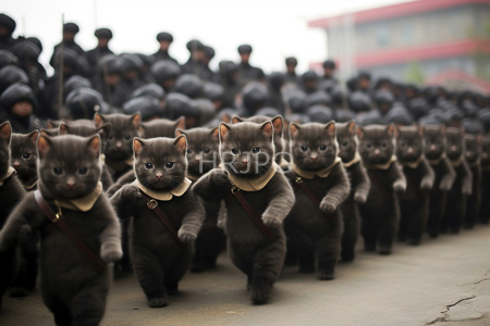 High Resolution: Numerous grey kittens dressed in miniature military-style uniforms marching forward on outdoor concrete path download. | HRJPG.com
