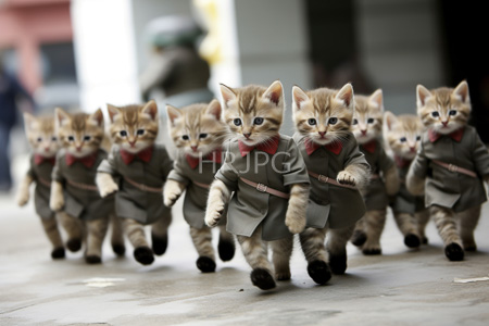 High Resolution: Twelve adorable light-brown tabby kittens with blue eyes running in unison on an urban sidewalk download. | HRJPG.com