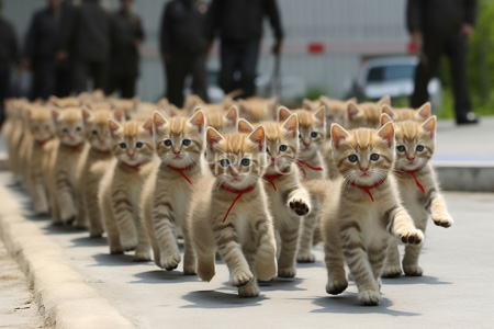 High Resolution: Numerous small light-orange tabby kittens with blue eyes and red collars walking in single file on an asphalt road download. | HRJPG.com