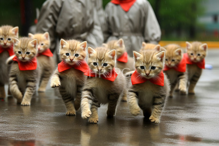 High Resolution: Nine adorable small tabby kittens with striped fur walking in unison on wet pavement download. | HRJPG.com