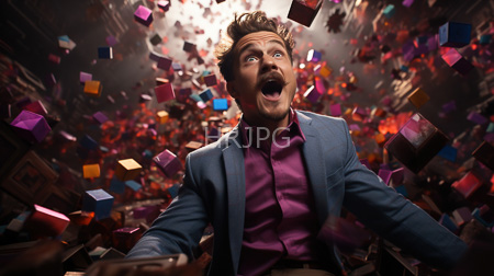 High Resolution: Excited mustachioed man with wavy brown hair reaching out amidst falling colorful cubes download. | HRJPG.com