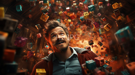 High Resolution: Excited mustachioed man with tousled brown hair surrounded by colorful floating Rubik's cubes download. | HRJPG.com