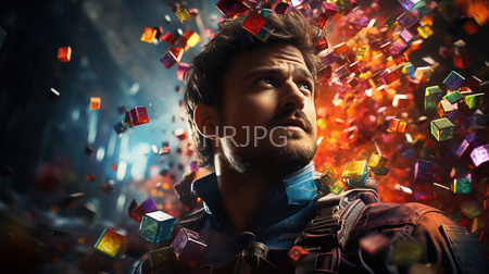 High Resolution: Attractive bearded man with tousled brown hair gazing upward amidst colorful floating cubes download. | HRJPG.com