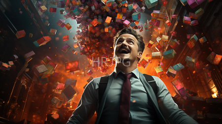 High Resolution: Excited young man with short brown hair laughing joyfully as colorful cubes rain down download. | HRJPG.com