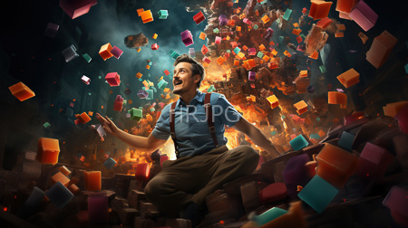 High Resolution: Excited young South Asian man with short black hair kneeling amidst colorful floating cubes download. | HRJPG.com