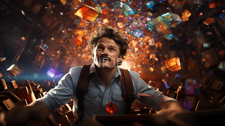 High Resolution: Excited young man with curly brown hair in dim library filled with floating colorful glass cubes download. | HRJPG.com