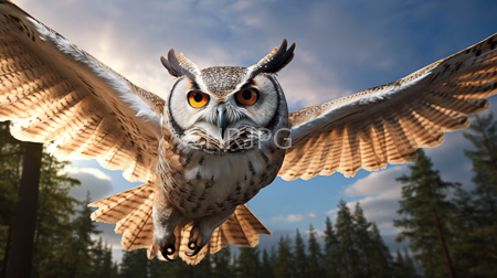 High Resolution: Owl in mid-flight wings fully extended with detailed feather patterns against a blue sky download. | HRJPG.com