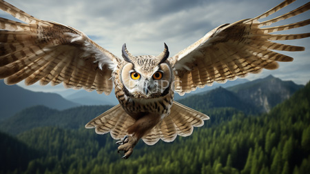High Resolution: Owl with large outstretched wings flying towards the viewer over dense green forested mountains download. | HRJPG.com