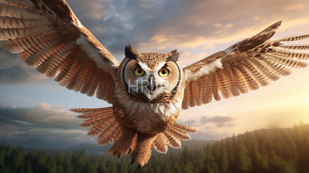 High Resolution: Owl with large outstretched wings flying towards the viewer against a sunset sky over dense forest download. | HRJPG.com