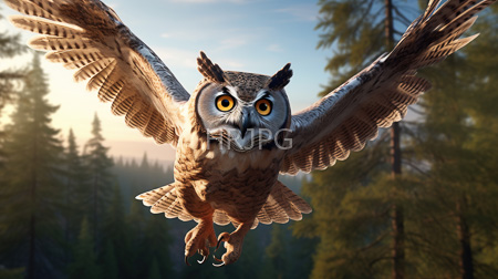 High Resolution: Owl with large outstretched wings flying towards the viewer in a forested landscape at sunset download. | HRJPG.com