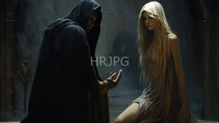 High Resolution: Two figures in an ancient stone structure one a hooded figure the other a slender woman download. | HRJPG.com