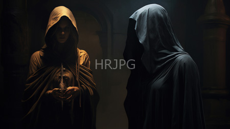 High Resolution: Two hooded figures in dim moody lighting one wears an orange-brown robe holding small metal object download. | HRJPG.com