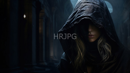 High Resolution: Anonymous woman with long wavy blonde hair partially visible under a dark hooded cloak download. | HRJPG.com