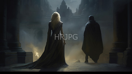 High Resolution: Two figures from behind in an ancient misty temple one a tall blonde woman the other wearing black cloak download. | HRJPG.com