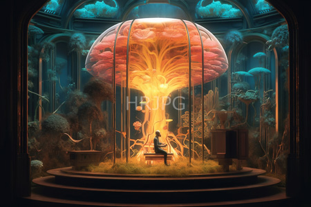 High Resolution: Person sitting on a bench beneath glowing orange tree roots inside transparent glass domes download. | HRJPG.com
