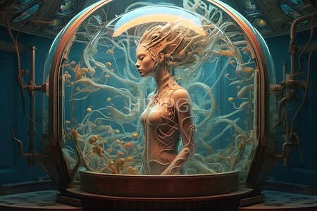 High Resolution: Ethereal futuristic female figure encased in a transparent dome filled with glowing aquatic plants download. | HRJPG.com