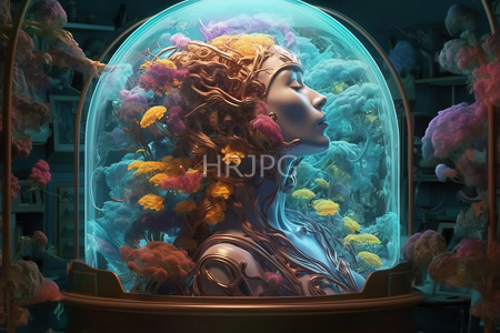 High Resolution: Ethereal metallic-skinned woman with curly hair infused by vibrant flowers intricately woven within a transparent dome download. | HRJPG.com