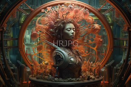 High Resolution: Ethereal serene female mannequin with curly brown hair encased in circular glass-like structure emitting vibrant orange tendrils download. | HRJPG.com