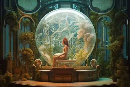 High Resolution: Ethereal scene with a nude red-haired woman sitting before a large glass sphere containing intricate white tree-like structures download. | HRJPG.com
