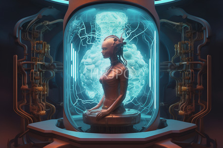 High Resolution: Ethereal bald female android with intricate wiring and glowing blue energy emanating from her translucent torso download. | HRJPG.com