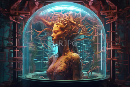 High Resolution: Ethereal cybernetic woman with intricate tree-like appendages emerging from her head inside a glowing blue glass dome download. | HRJPG.com