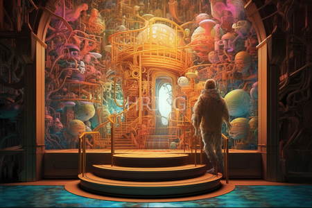 High Resolution: Ethereal surreal scene with a person in fur coat standing on circular steps facing ornate wooden architecture download. | HRJPG.com