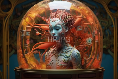 High Resolution: Ethereal blue-skinned woman with intricate red and orange mechanical tendrils emerging from her head download. | HRJPG.com