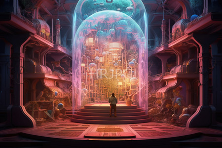 High Resolution: Ethereal futuristic laboratory with neon pink and blue lighting featuring a large glass dome containing floating planets download. | HRJPG.com
