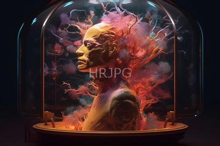 High Resolution: Illuminated translucent human head encased in glass with vibrant red and pink tree-like structures emerging from its brain cavity download. | HRJPG.com