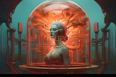 High Resolution: Androgynous pale-skinned humanoid with closed eyes inside a transparent dome filled with glowing orange liquid download. | HRJPG.com