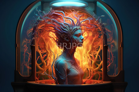 High Resolution: Ethereal blue-skinned woman with intricate red and orange tentacle-like hair encased in a glowing glass dome download. | HRJPG.com
